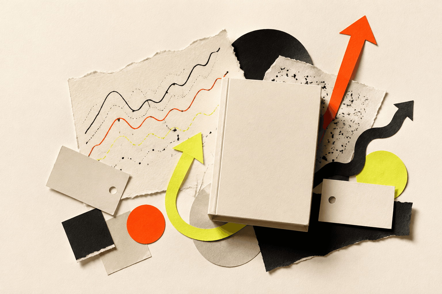 Paper collage of a notebook, rising arrows and abstract trend charts